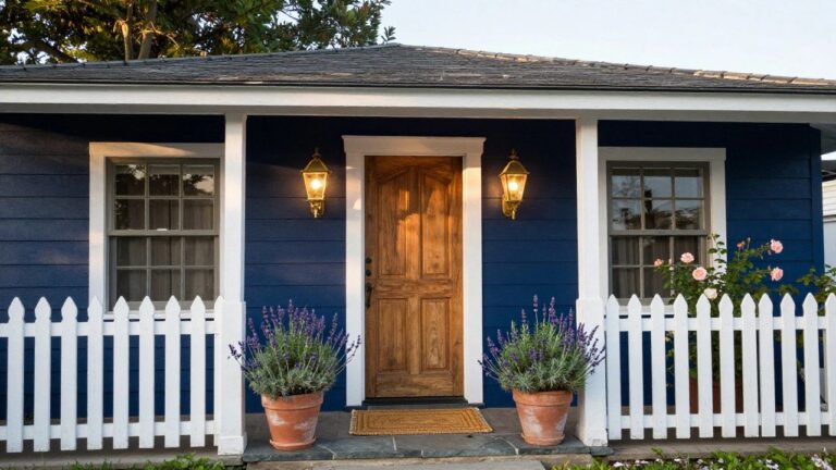 Navy blue front door on a blue shingle-sided house flanked by two brass lantern wall sconces, with lavender plants in terracotta pots, a woven doormat, and white picket fence in front.