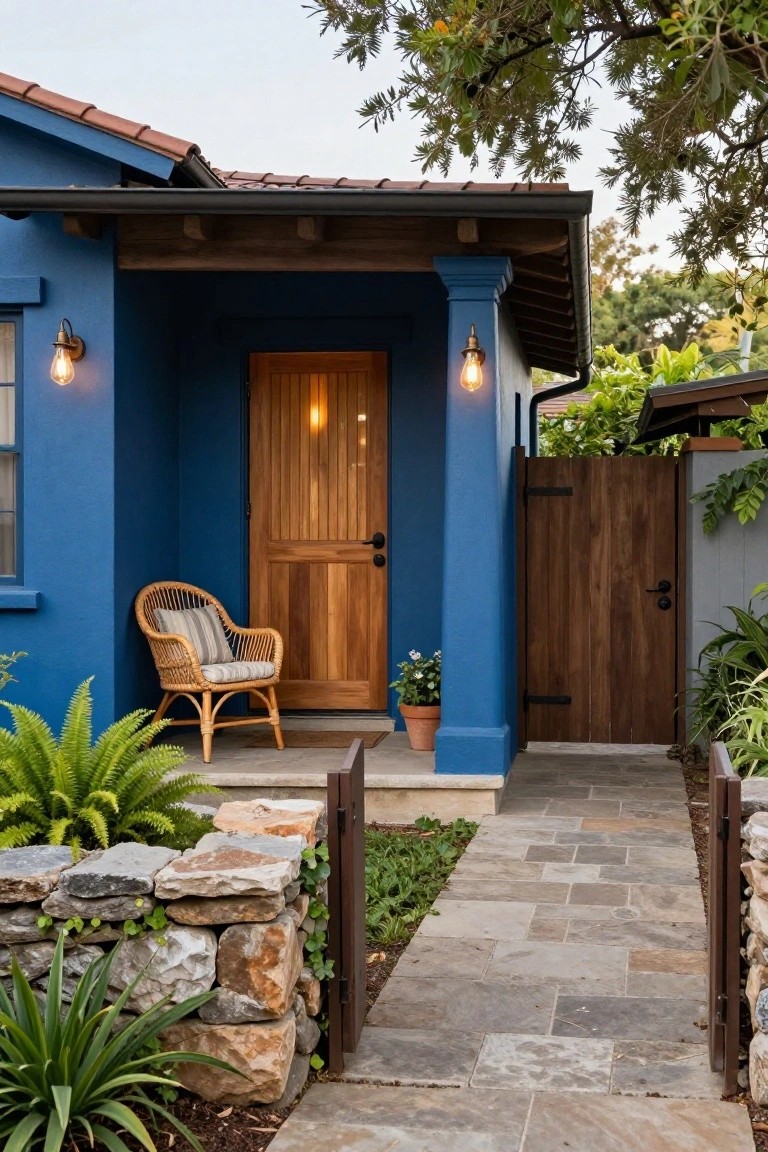 Blue painted house exterior featuring a wooden double door centered under a covered entry, flanked by two wall-mounted lantern sconces with exposed bulbs, a rattan chair with cushion nearby, potted plant, stone pathway leading to a wooden side gate, and surrounding plants and rock wall.