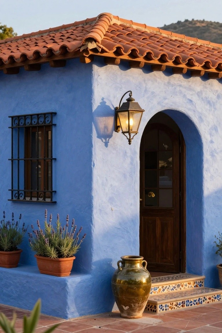 Bright blue stucco corner of a house with terracotta tile roof, wrought iron window, lit curved lantern sconce beside arched wooden door, potted plants, and tiled steps.