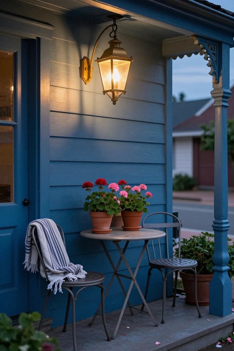 Blue clapboard house porch with wall-mounted glowing lantern light, small round table holding two potted red geraniums, two metal chairs with one draped in a striped throw blanket, and additional potted plants nearby.
