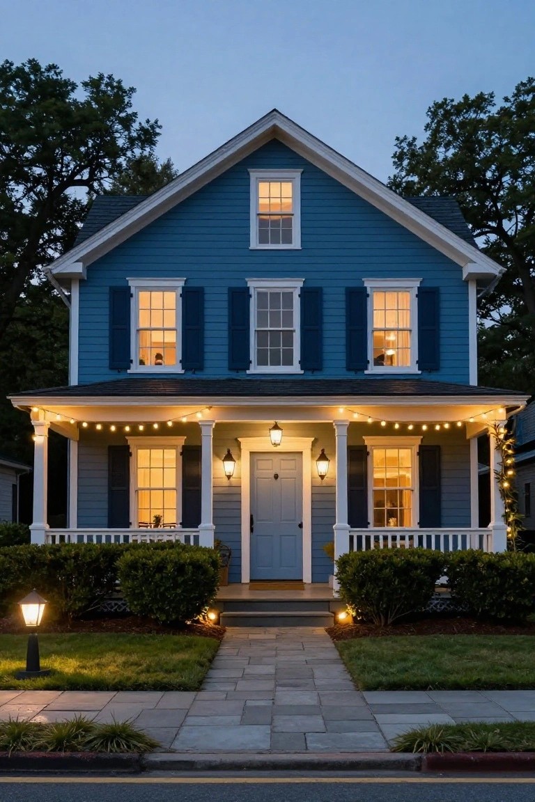 Blue two-story house with white trim and shutters at dusk, string lights draped along the porch railing and columns, lanterns beside the front door, path lights, shrubs, and a stone walkway.
