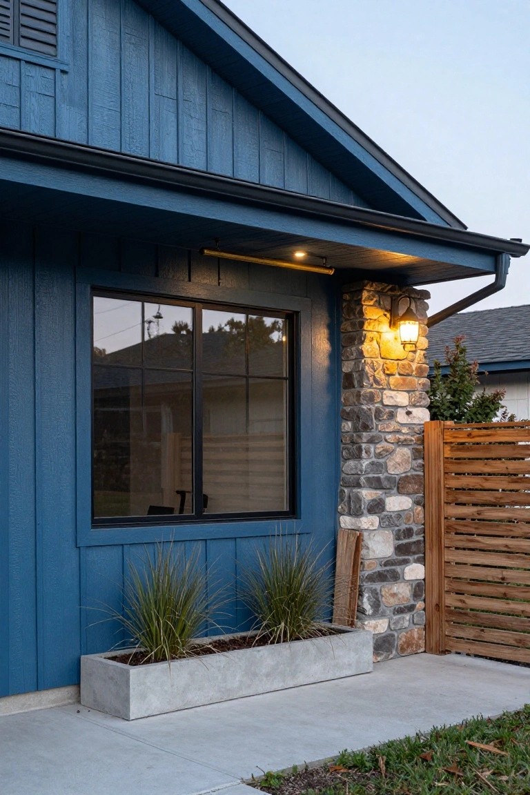 Blue shiplap-sided house exterior with black-framed window, protruding stone pillar topped by yellow lantern sconce, wooden slat fence, concrete planter box with grasses, and concrete pathway.