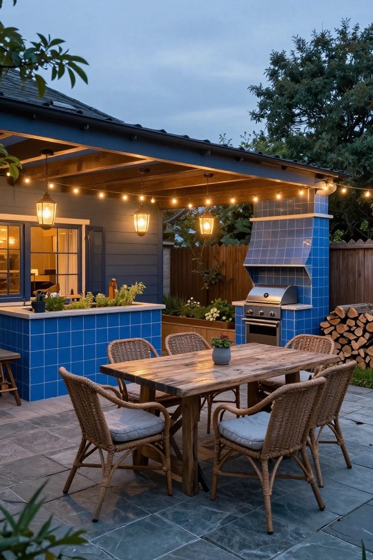 Outdoor patio featuring a blue tiled kitchen with grill and sink, wooden dining table surrounded by wicker chairs, string lights and hanging lanterns under a wooden pergola cover, beside a dark blue house wall at dusk.