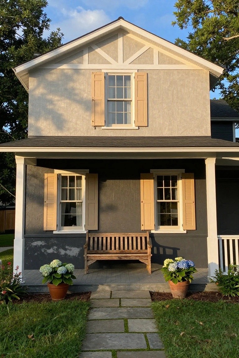 Front view of a two-story house with light beige siding on the upper level, dark gray paint on the porch and lower walls, white trim and columns, tan wooden shutters on the windows, a wooden bench on the porch next to two potted hydrangeas, a stone walkway, and green lawn with trees.