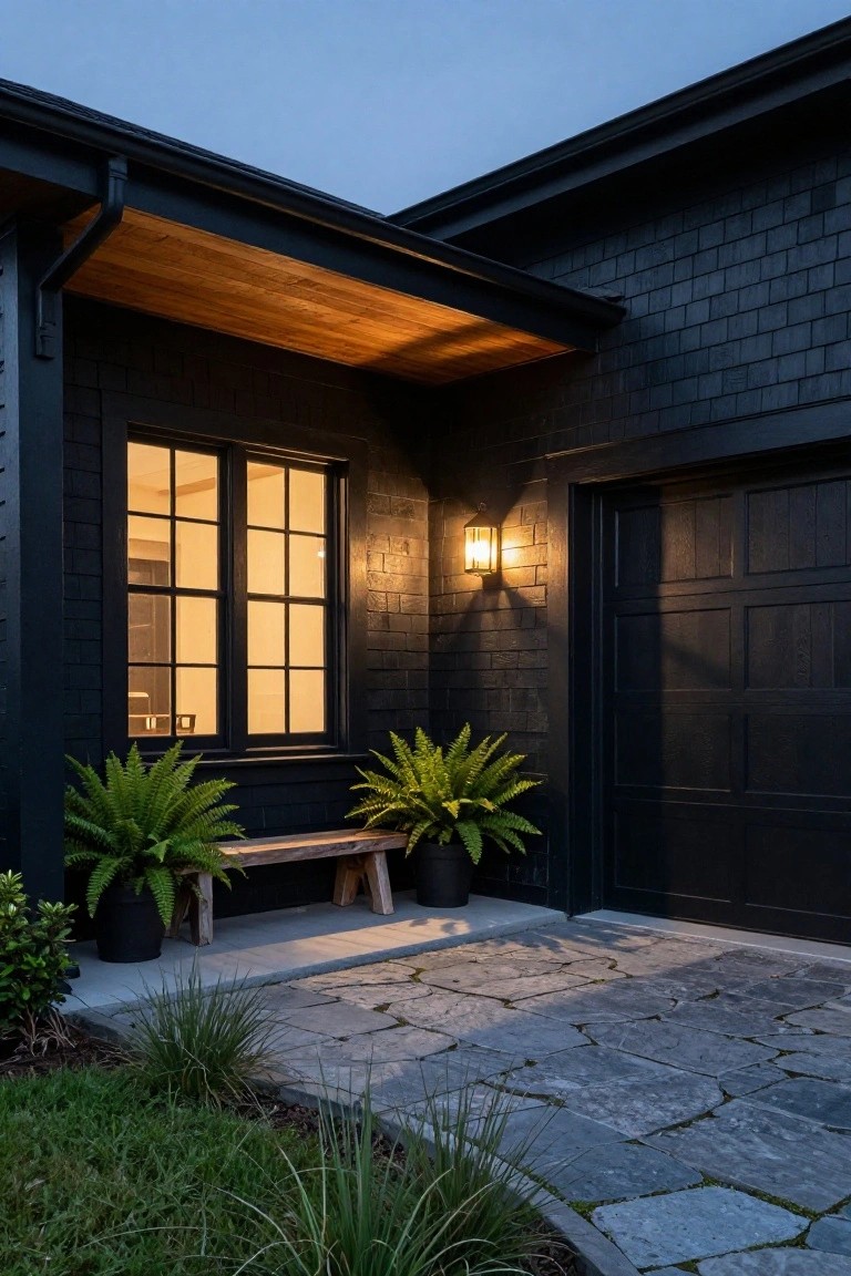 Corner exterior of a black shingled house at dusk showing a lit window, black garage door, wooden overhang, bench with ferns in black pots, and irregular stone pathway.