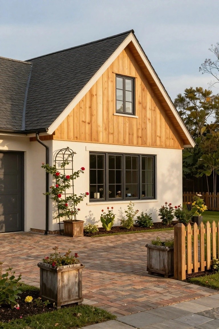 Side view of a two-story house with white plaster walls, golden wood vertical cladding on the gable end, black-framed windows, dark shingle roof, gray garage door, climbing red roses on a metal trellis, potted plants in wooden boxes, brick paver driveway, and white picket fence.