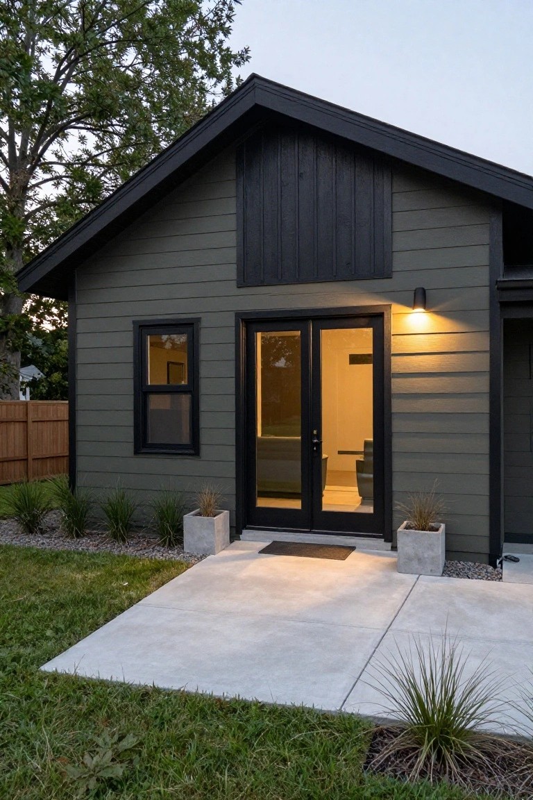 Gray clapboard house with black trim, gable accents, black-framed double glass entry doors, a side window, wall-mounted outdoor light, concrete planters with ornamental grasses, gravel mulch, and a concrete entry path next to grass lawn and wood fence.