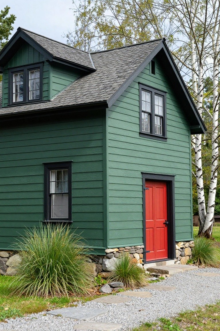 Small green clapboard house with gabled roof, black window trim, red front door, stone foundation, ornamental grasses, birch trees, and gravel stone path.