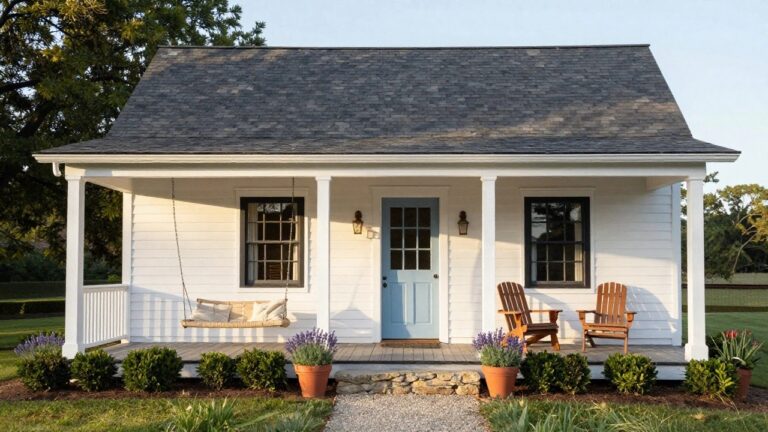 White clapboard farmhouse with gabled roof, blue front door, black-framed windows, covered porch with Adirondack chairs and potted lavender, gravel path, boxwoods, and lawn.