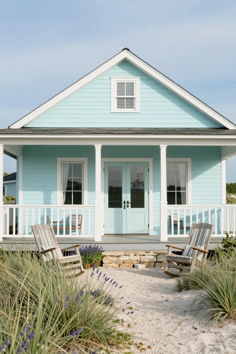 Light blue clapboard house with white trim, gabled roof, covered porch with columns and rocking chairs, lavender plants, sea grass, and sandy path in front.