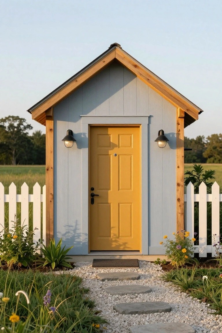 Small wooden shed painted light blue with a yellow front door, black lanterns on each side, stone step path leading to it, white picket fence, and surrounding garden plants and gravel.