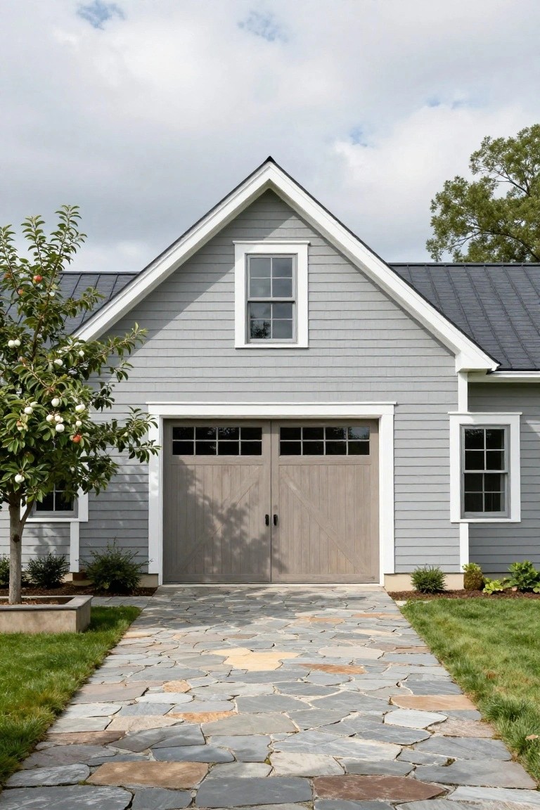 Gray clapboard-sided garage building with white trim, double wooden garage door, small windows, black shingle roof, apple tree on left, flagstone pathway leading to door, and green lawn.