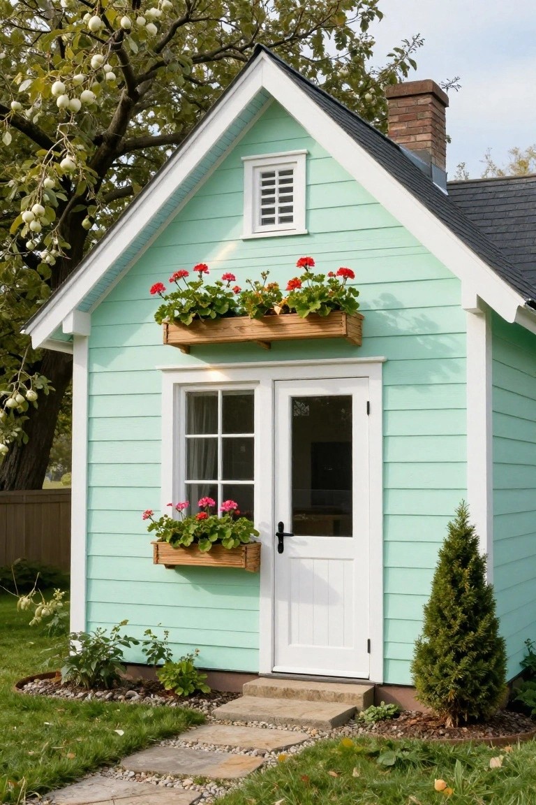 Small mint green clapboard house with white trim, gabled black roof, flower boxes of red geraniums on windows, white door, evergreen shrub, stone path, and surrounding garden bed.