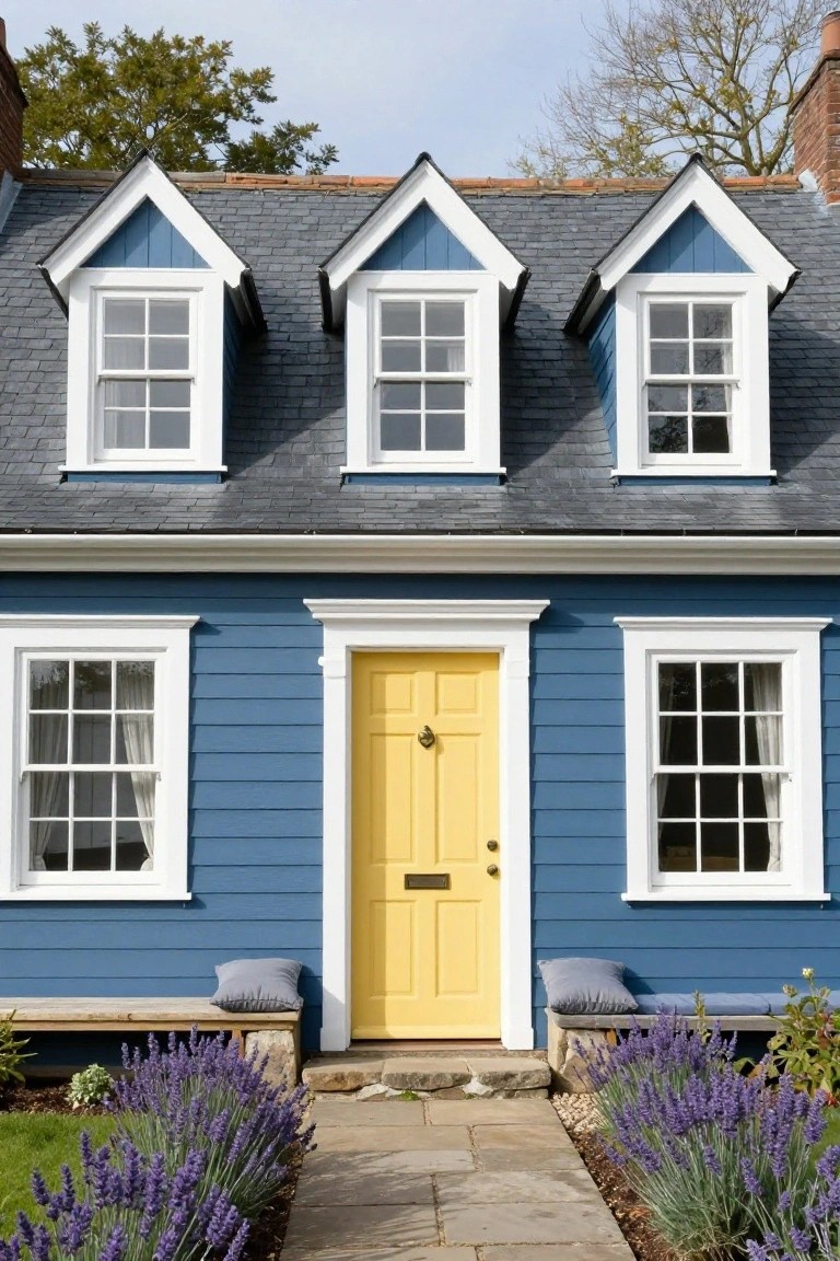 Blue clapboard house with white trim and gabled slate roof, featuring three dormer windows, a yellow front door with brass knocker, flanked by lavender plants, a wooden bench, and a stone path.
