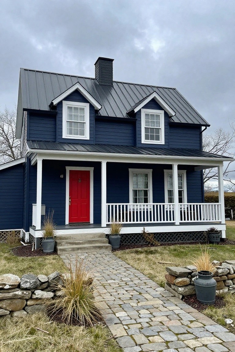 Navy blue clapboard house with white trim, red front door, metal roof, covered porch, potted plants, and cobblestone path bordered by stone walls under overcast sky.