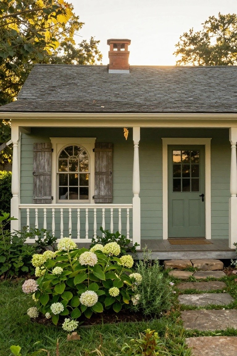 A small pale green clapboard house with white porch columns and railing, arched window with wooden shutters, paned green door, hydrangea bushes, herbs, and stone path steps in the front yard at sunset.