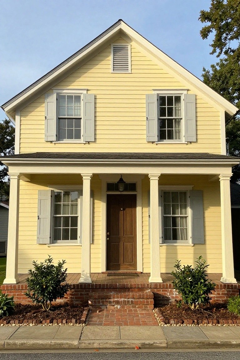 Two-story yellow clapboard house with gray shutters, white porch columns, dark wood front door, brick steps, and low green shrubs along the base.