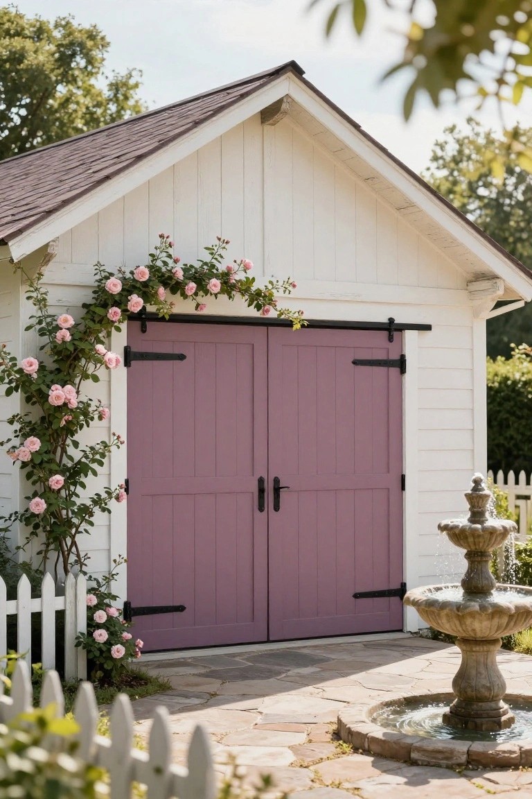 White wooden shed with purple double barn doors, pink climbing rose vines on the side, stone fountain nearby, white picket fence, and stone paver path in front.
