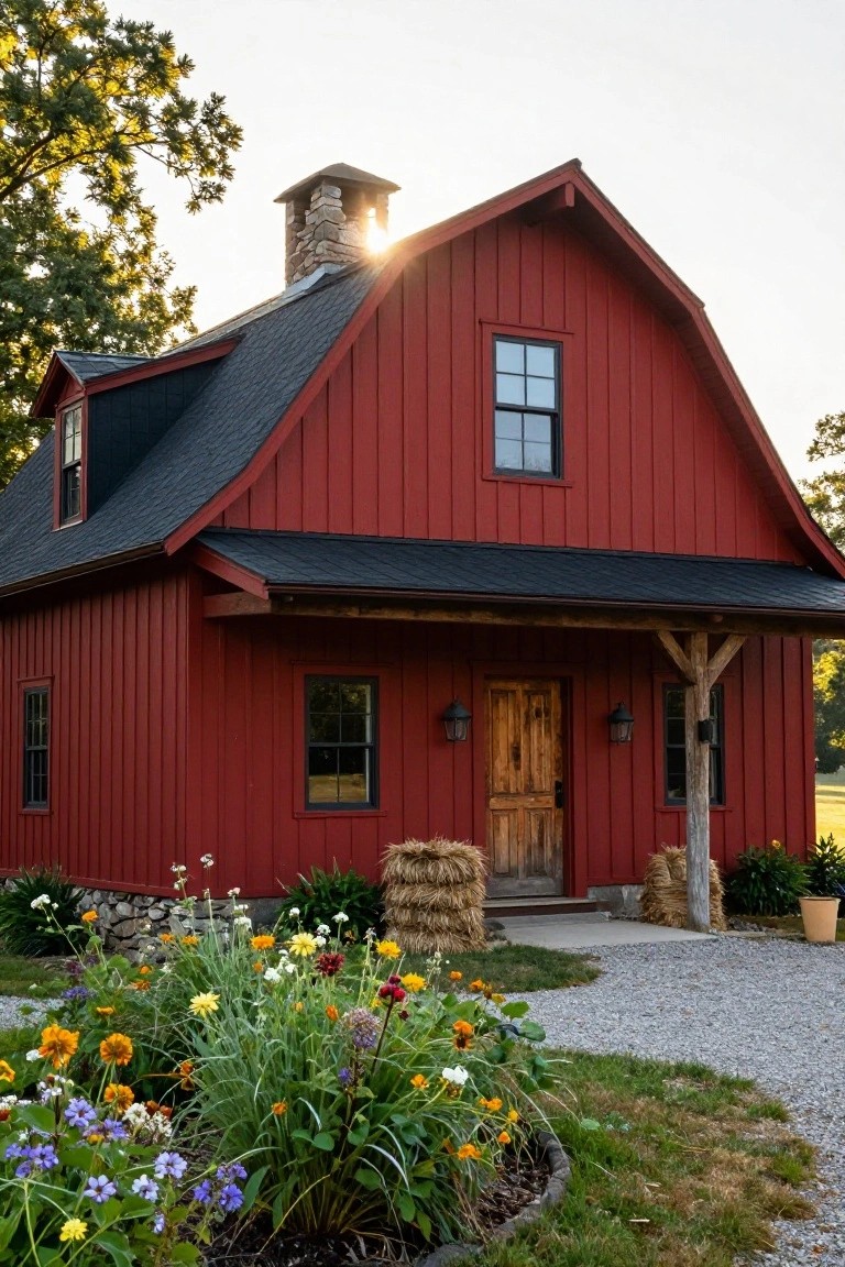 Red barn-style house with black shingle roof, stone chimney, wooden front door and porch with timber posts, hay bales nearby, colorful flower garden, gravel path, trees, and setting sun in background.
