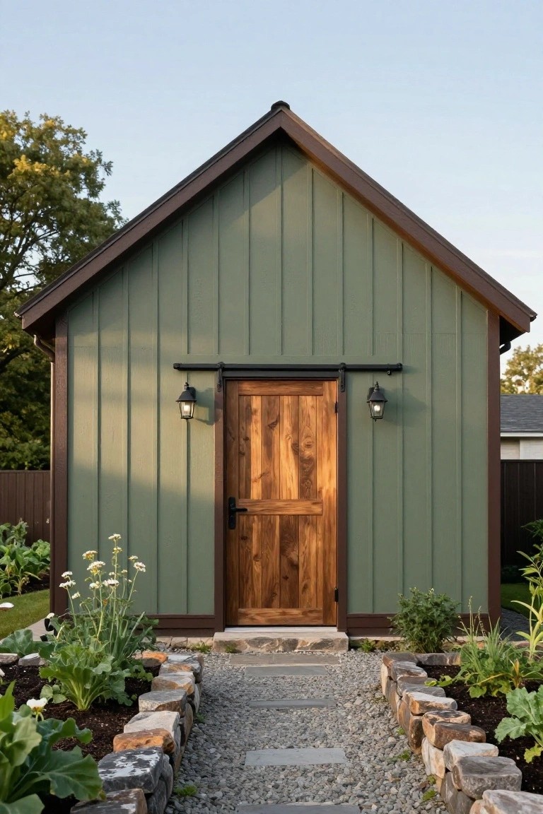 Small green board-and-batten shed with brown wood trim, wooden sliding barn door, black lanterns on either side, stone path leading to it, and garden beds with plants along the front.