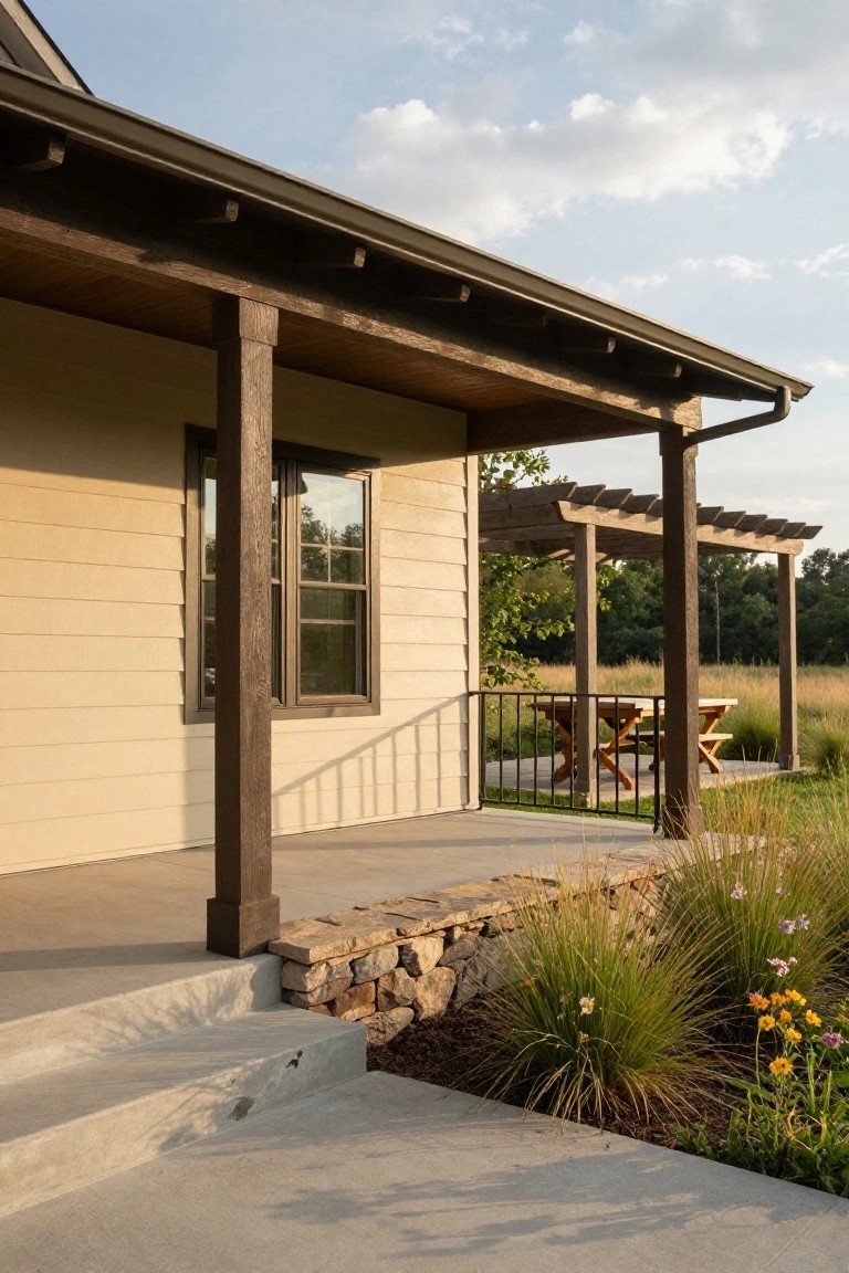 Side view of a light beige farmhouse exterior with dark wooden porch posts and trim, a double-hung window, concrete steps and porch, attached pergola with wooden dining table and benches, and low ornamental grasses and stone wall at the base.