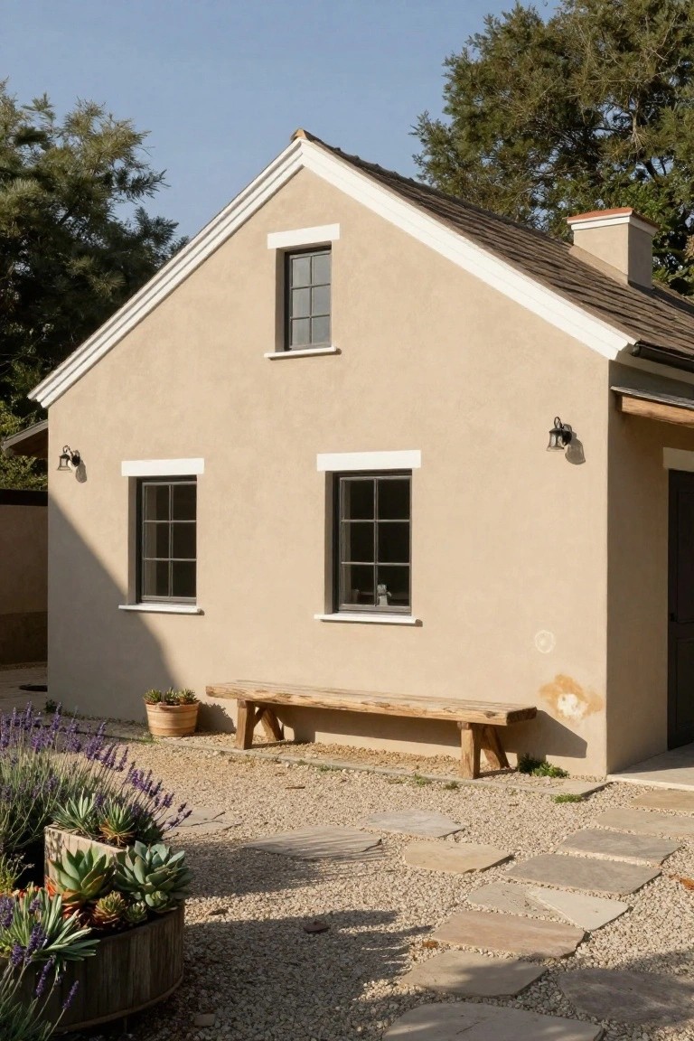 Beige stucco house with white trim, gabled roof, two windows, exterior light, wooden bench, gravel path, stone pavers, potted plants, and lavender in the yard.
