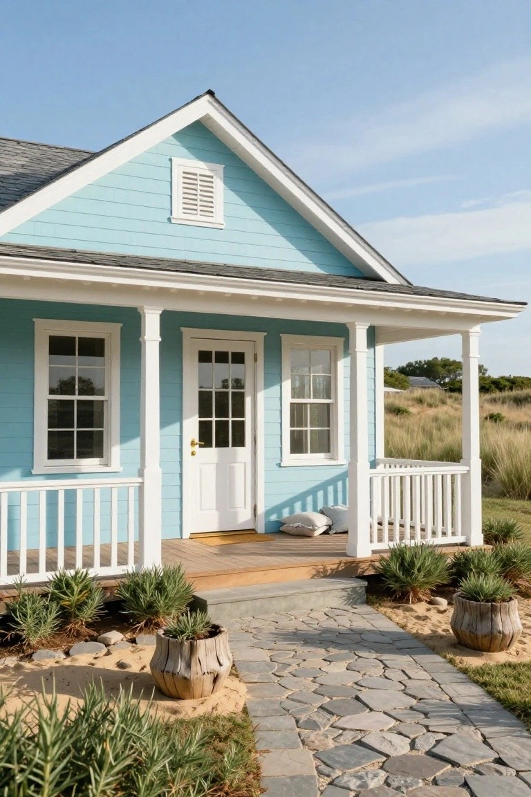 Light blue painted clapboard house with white trim, gabled gray shingle roof, front porch with columns and railing, flanked by dune grasses and potted plants along a stone walkway.
