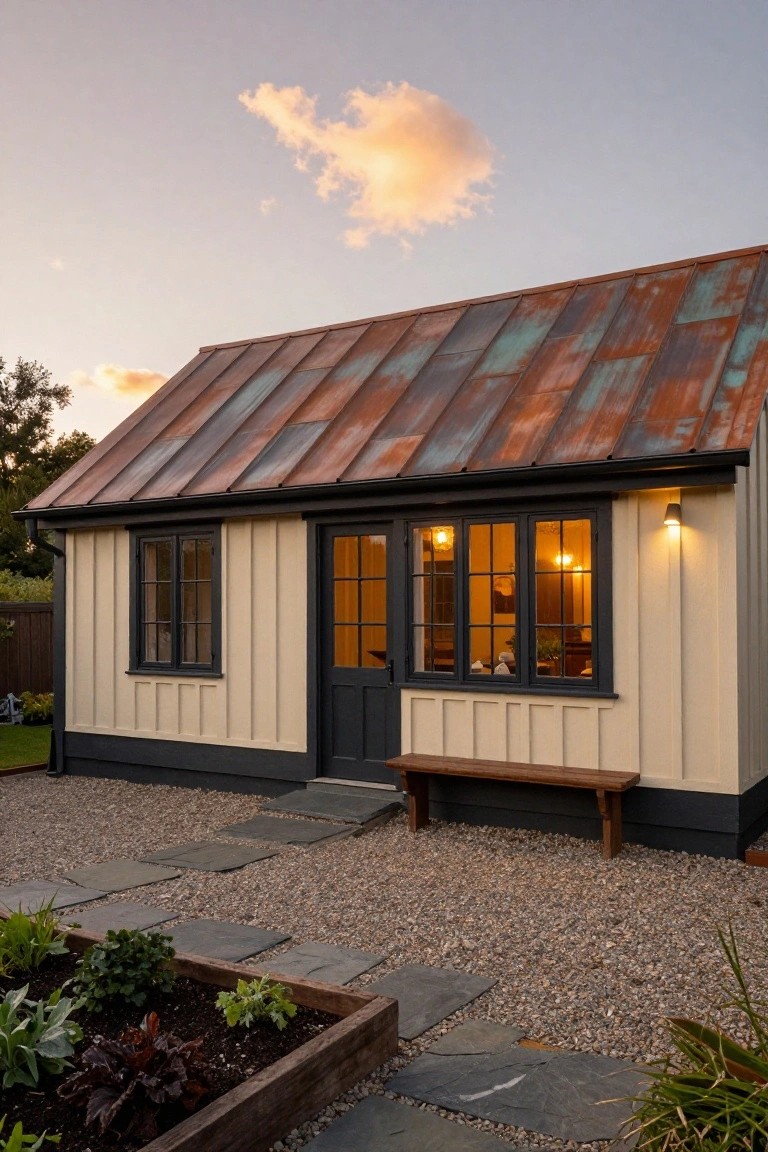 A small clapboard house with light cream siding, black window and door frames, rusted corrugated metal roof, wooden bench by the entrance, gravel yard, stone path, and wooden raised garden bed with plants at dusk.