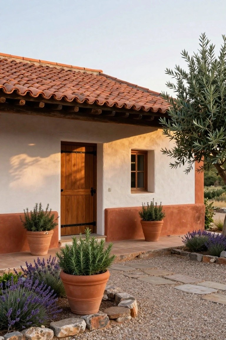 Rustic single-story house exterior with white stucco upper walls over terracotta base, red clay tile roof, wooden door and window, potted rosemary and lavender plants, gravel path, and olive tree nearby.