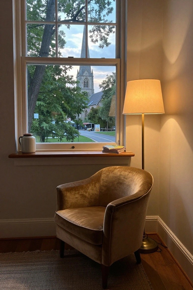 Interior corner of a room with a large open sash window overlooking green trees, a road, and a tall church steeple, next to a beige velvet armchair, brass floor lamp, white teapot and stack of books on the wooden windowsill, and a woven rug on hardwood floor.