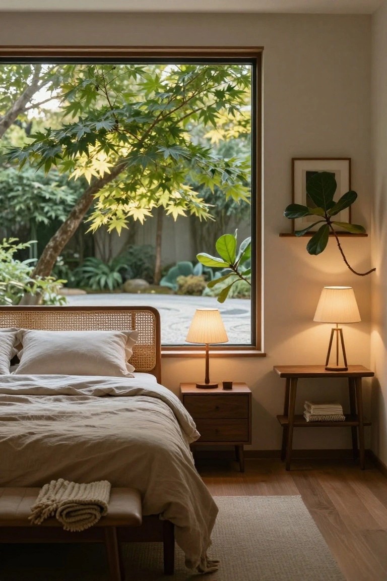 Minimalist bedroom interior with rattan headboard bed, beige linens, wooden nightstands and lamps, large window revealing garden trees, rocks, and plants outside.