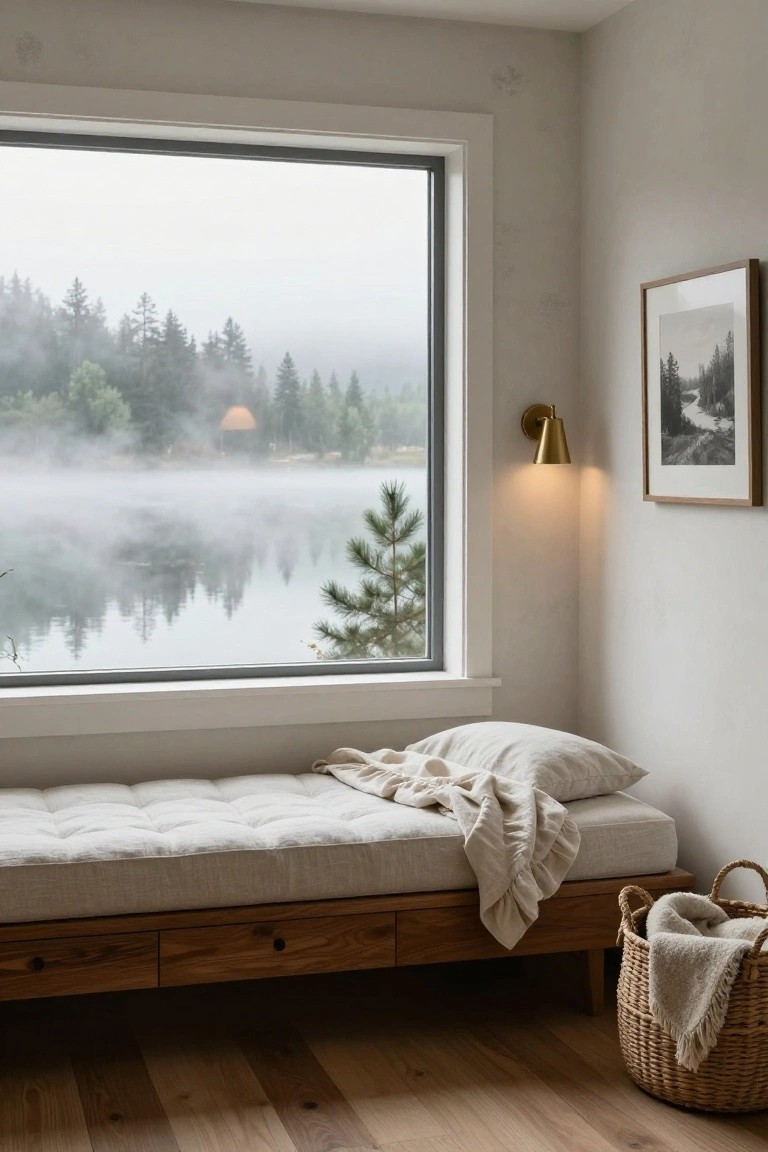 Corner of a light-colored interior room with a large picture window framing a foggy lake and pine forest, a low wooden daybed topped with white tufted cushion and linens, brass wall sconce, framed photo, wicker basket, and light wood floors.