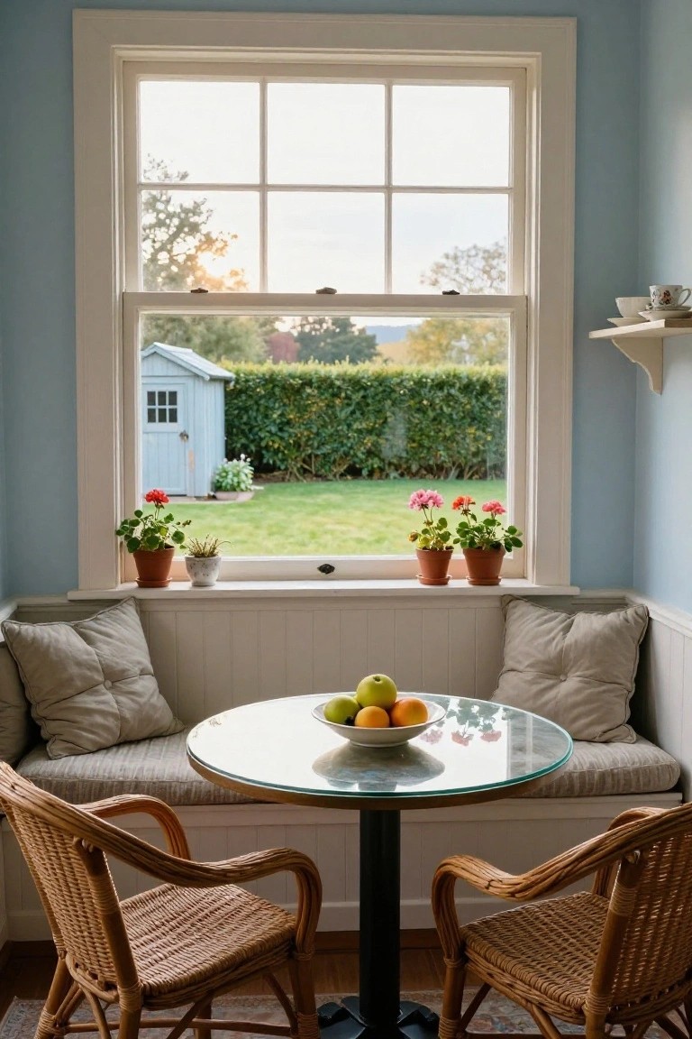 Light blue interior room with built-in beige cushioned bench seating flanking a round glass table holding a bowl of fruit, next to a large multi-pane picture window overlooking a green garden, blue shed, and potted red geraniums on the sill.