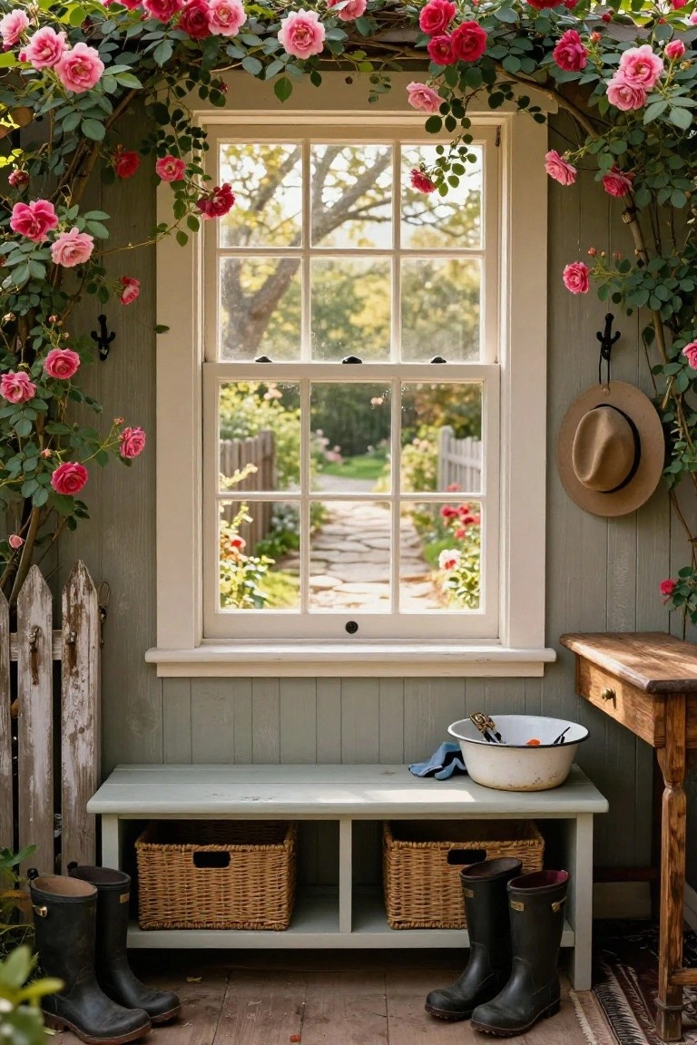 White-framed multipane picture window in light green siding covered in pink climbing roses on a wooden trellis, overlooking a stone garden path with white picket fence, next to a bench with green rubber boots, wicker baskets, and a beige hat.