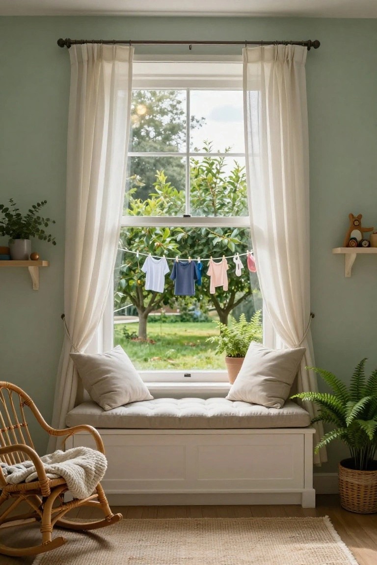 Light green nursery room with large picture window draped in sheer white curtains, colorful baby clothes drying on a clothesline strung across the window, beige window seat bench, rattan rocking chair with blanket, potted plants, and wooden toys on wall shelves.