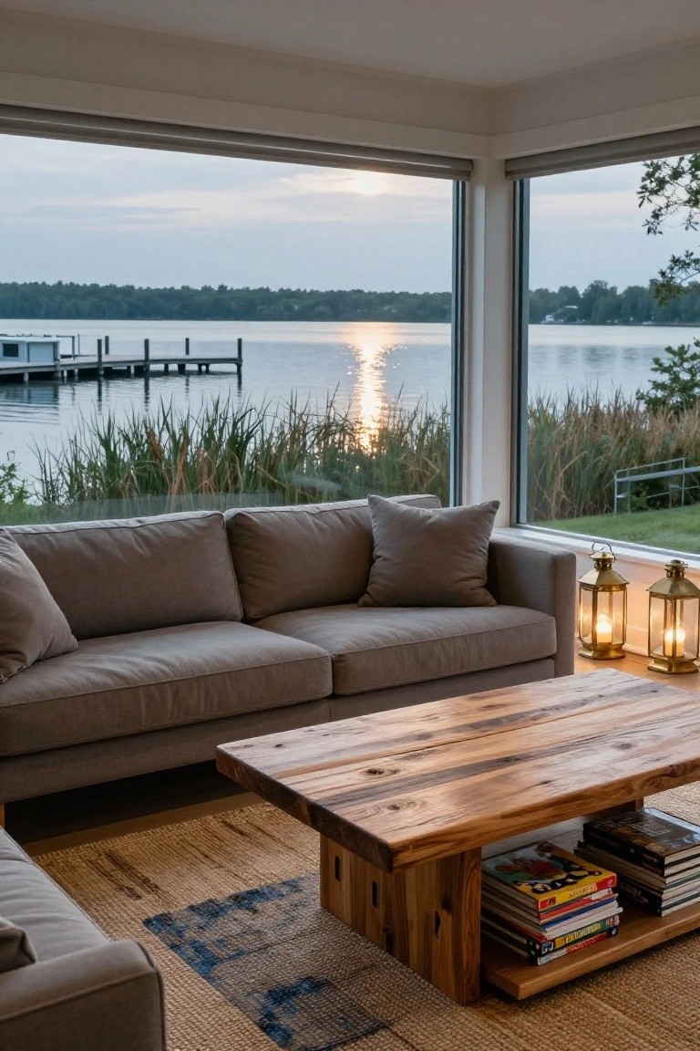 Modern living room corner with gray L-shaped sofa, reclaimed wood coffee table holding books, two brass lanterns, sisal rug, and large picture windows overlooking a lake at sunset with dock, reeds, and trees.