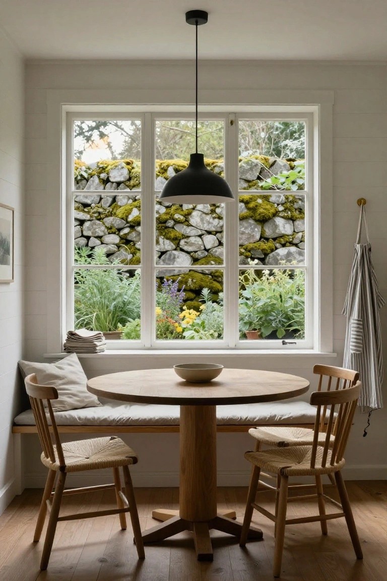 Cozy interior dining nook with round wooden table, woven chairs, built-in bench seating with cushions along a large multi-pane picture window, and a view of moss-covered stone wall with garden plants outside.