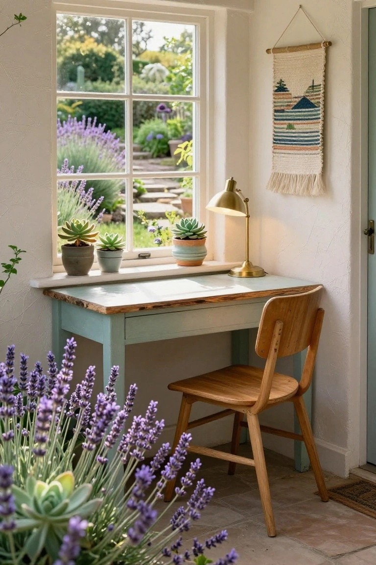 Mint green wooden desk with live edge top and wooden chair positioned in front of a large multi-pane picture window overlooking a lush garden with lavender plants, stone paths, and greenery, featuring potted succulents on the windowsill, a gold desk lamp, and a woven wall hanging nearby.