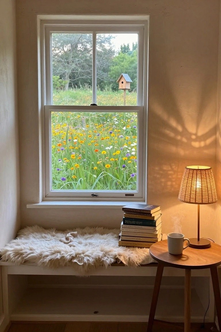 Indoor window bench with white shaggy cushion, stack of hardcover books, rattan shade lamp on wood side table with white mug, next to open sash window showing wildflower meadow, trees, and birdhouse outside.