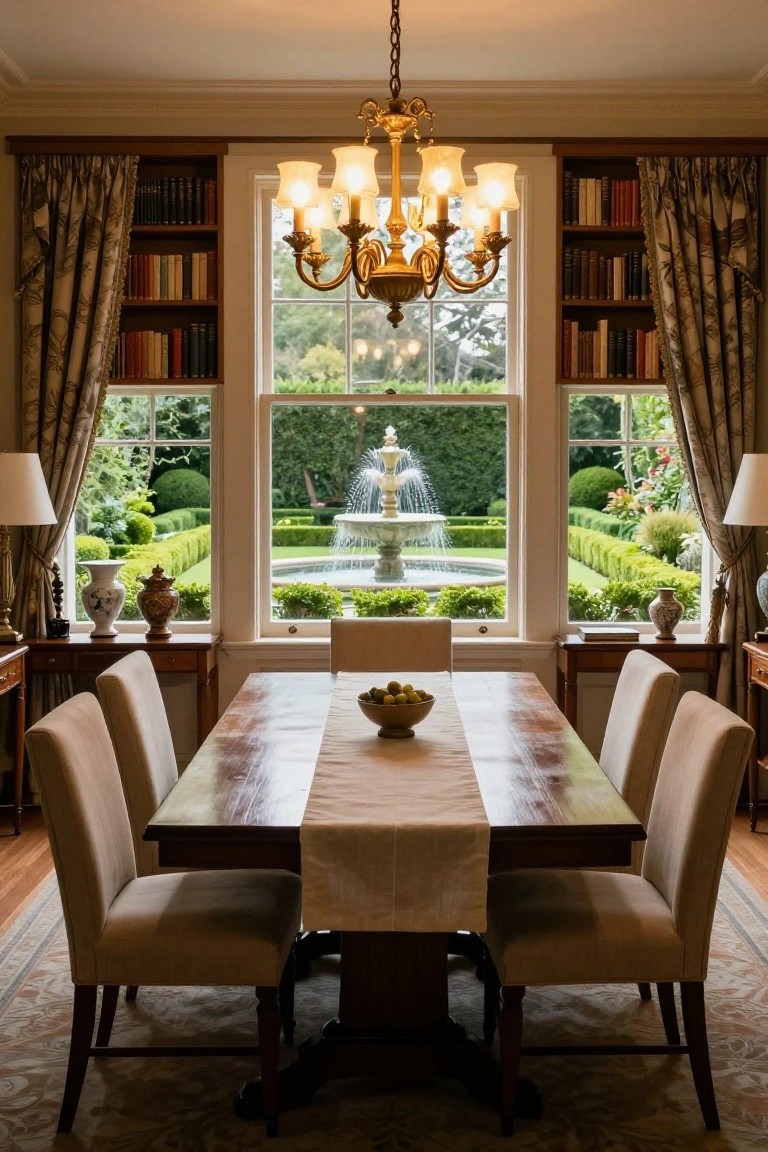 Formal dining room with wooden table, beige runner, bowl of lemons, upholstered chairs, bookshelves, lamps, and large multi-pane windows overlooking a garden fountain surrounded by hedges and topiary.