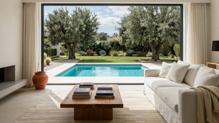 Modern living room interior with floor-to-ceiling sliding glass doors overlooking a turquoise lap pool, landscaped garden with olive trees, beige linen sofa, wooden coffee table, and low built-in shelf.