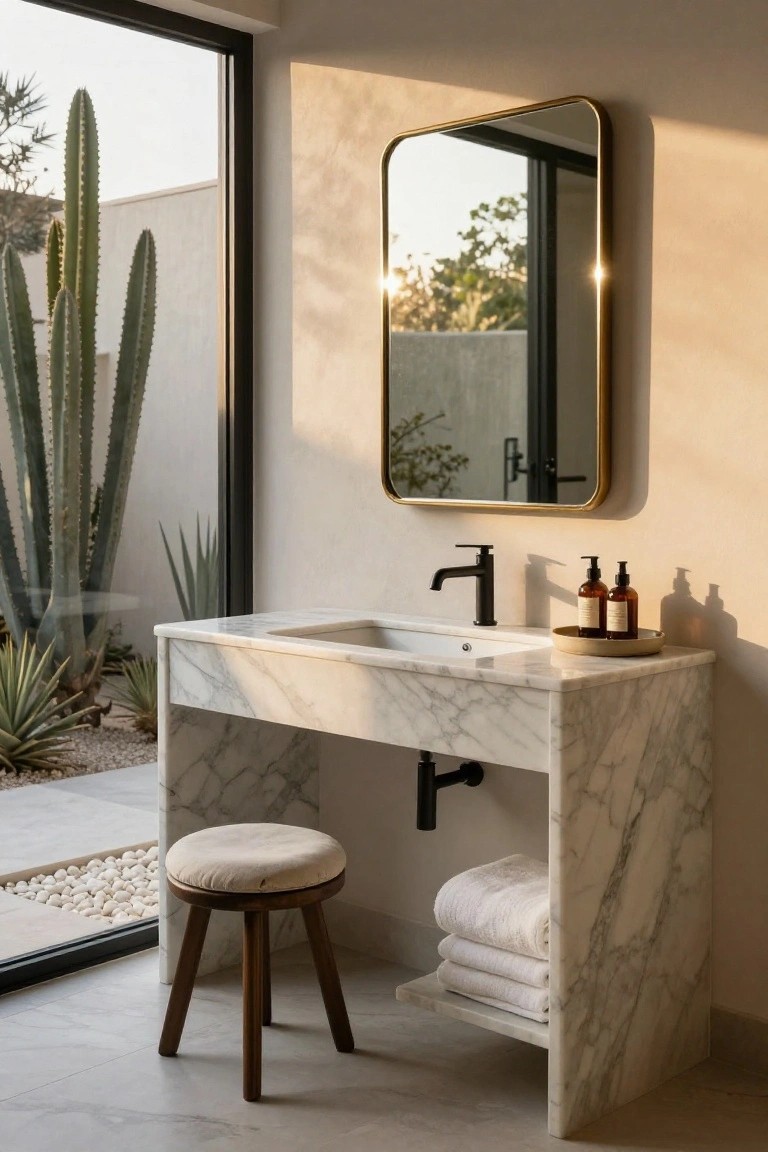 Modern bathroom interior featuring a white marble vanity with black faucet, gold-framed round mirror, amber glass bottles, stacked white towels, beige cushioned wood stool, and a full-height glass wall overlooking potted cacti, agave plants, gravel ground, and distant greenery.