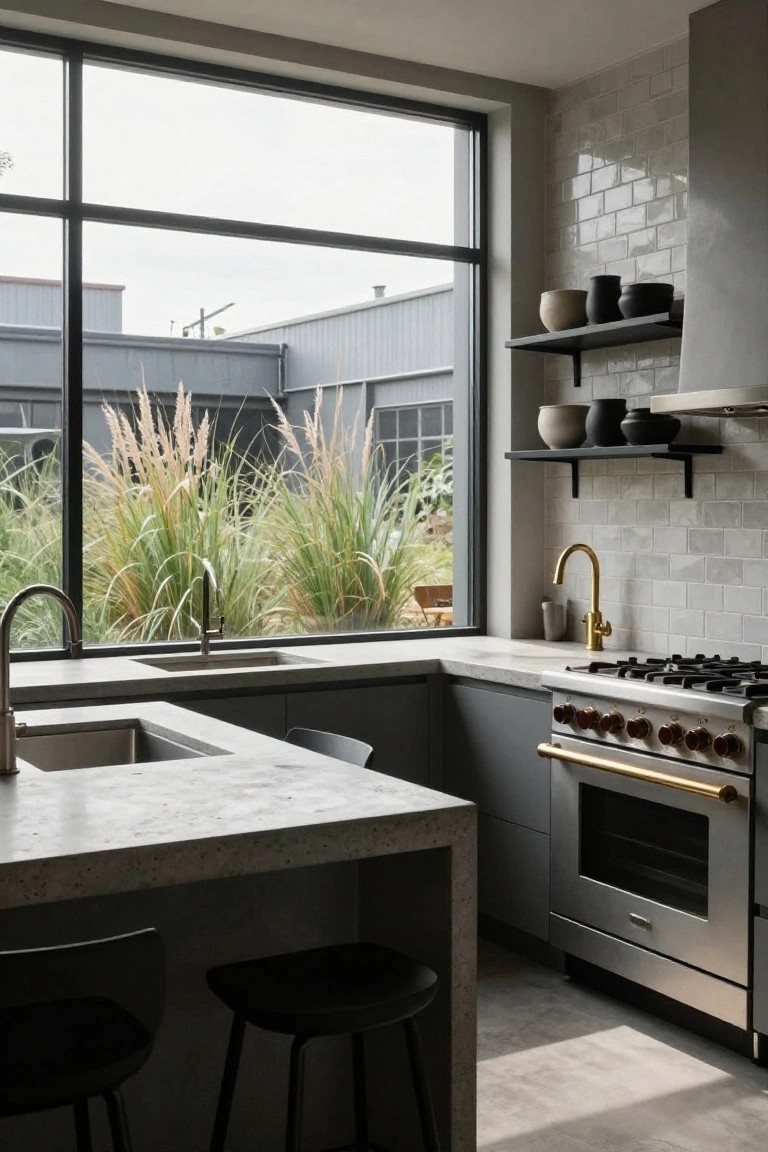 Modern kitchen interior with gray cabinets, concrete countertops, gold faucet, stainless steel range cooker, black stools at island, and large window framing tall pampas grasses and courtyard buildings.