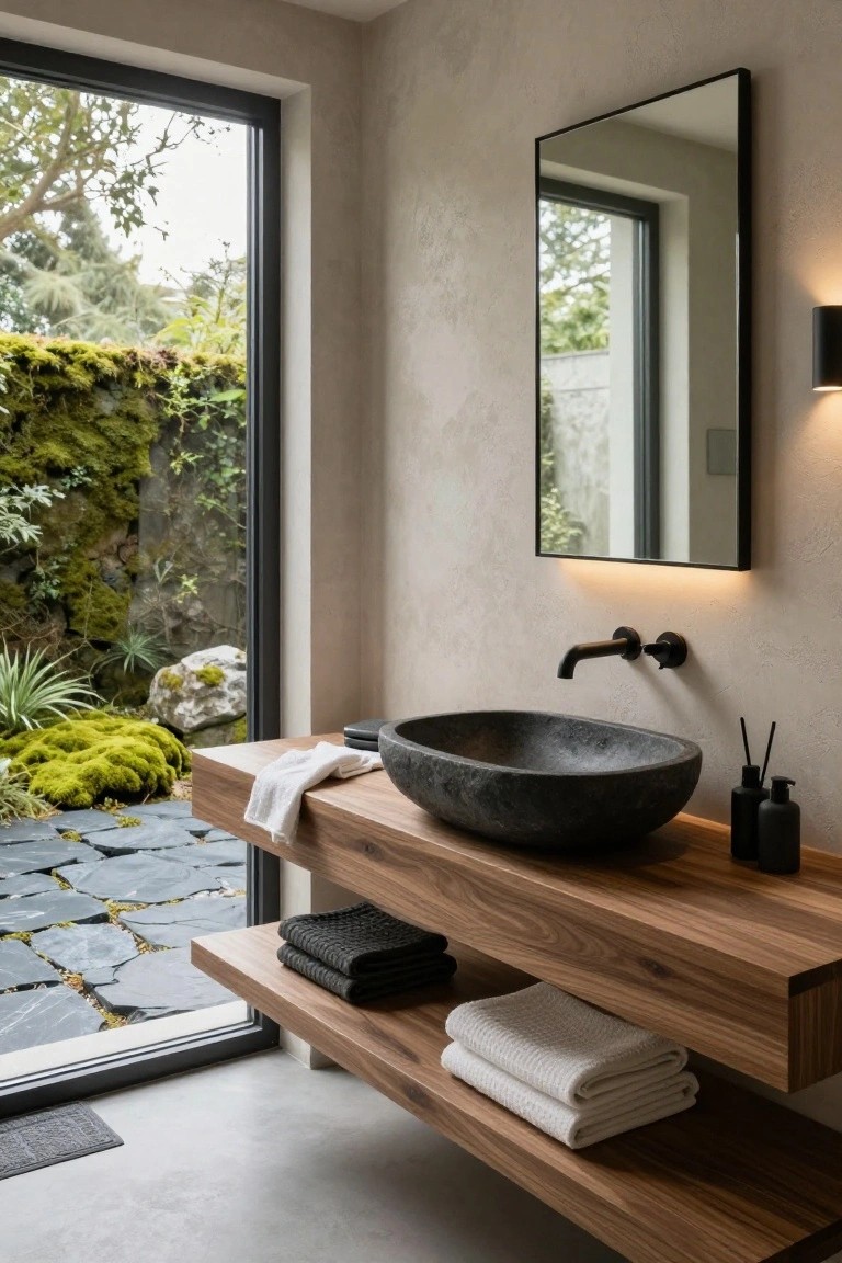 Minimalist bathroom with black-framed floor-to-ceiling window showing moss-covered garden wall, rocks, stepping stones, and plants, wooden floating vanity shelf holding black stone vessel sink, towels, and black wall lights.