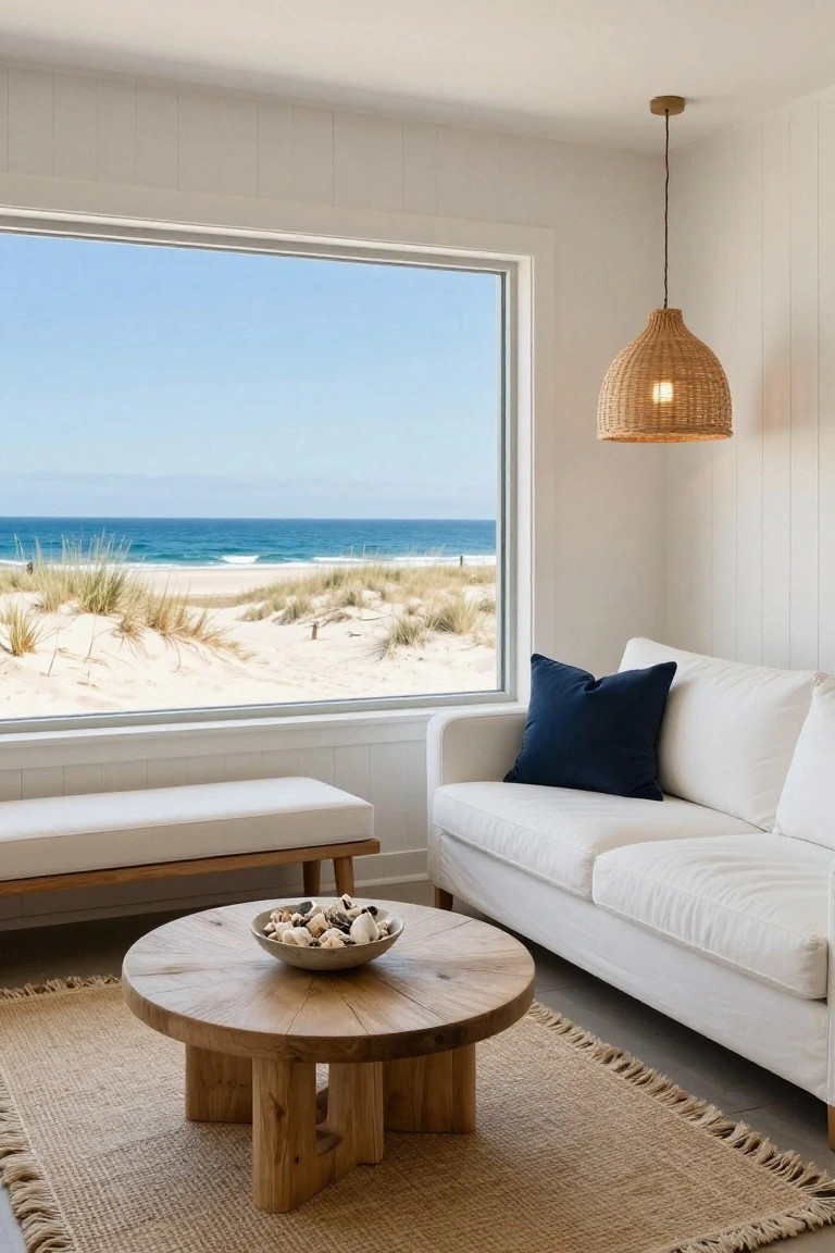 Bright interior living room with white shiplap walls and large floor-to-ceiling picture window overlooking sandy beach dunes, ocean waves, and blue sky, white sofa with navy pillow, wooden window bench, round wooden coffee table holding a bowl of shells, beige fringed rug, and rattan pendant light.