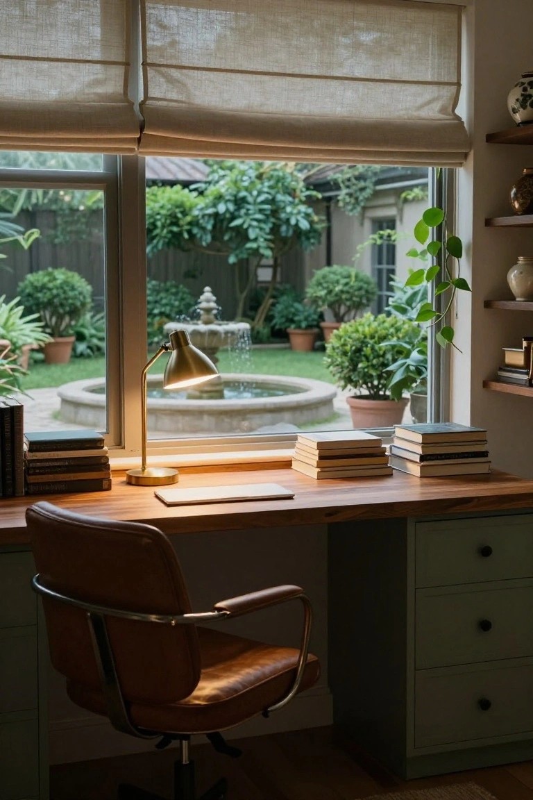 Wooden desk with stacked books, brass desk lamp, and leather chair positioned in front of a large picture window overlooking a garden courtyard with fountain, plants, and greenery.