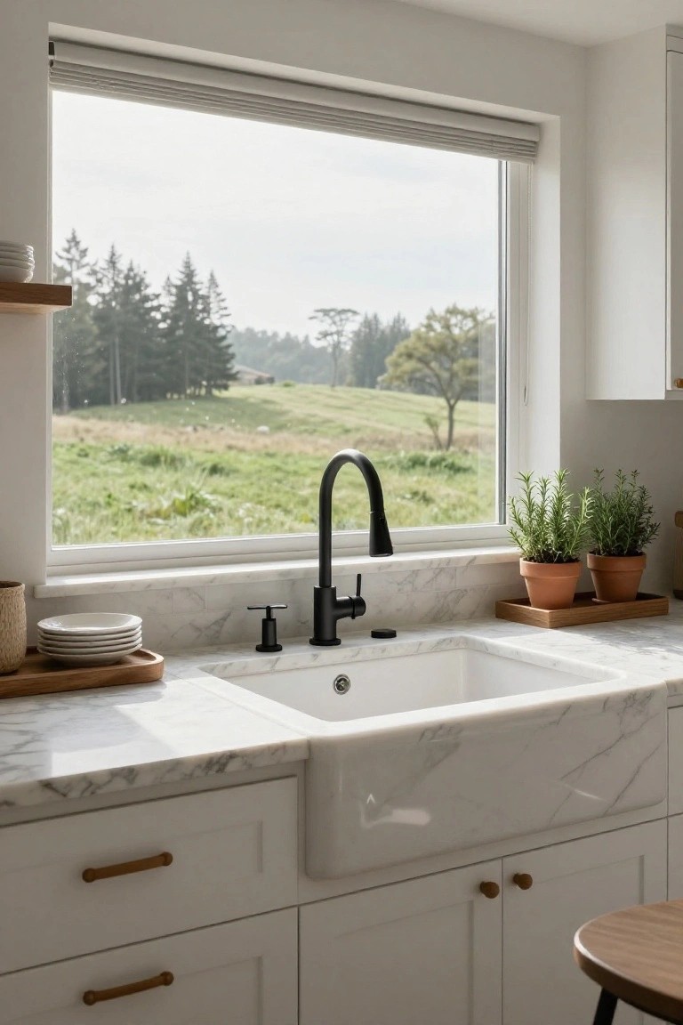 White kitchen featuring a large picture window over a white farmhouse sink with black gooseneck faucet, marble countertop, wooden shelves with dishes, potted rosemary plants, and view of green fields, trees, and distant house.