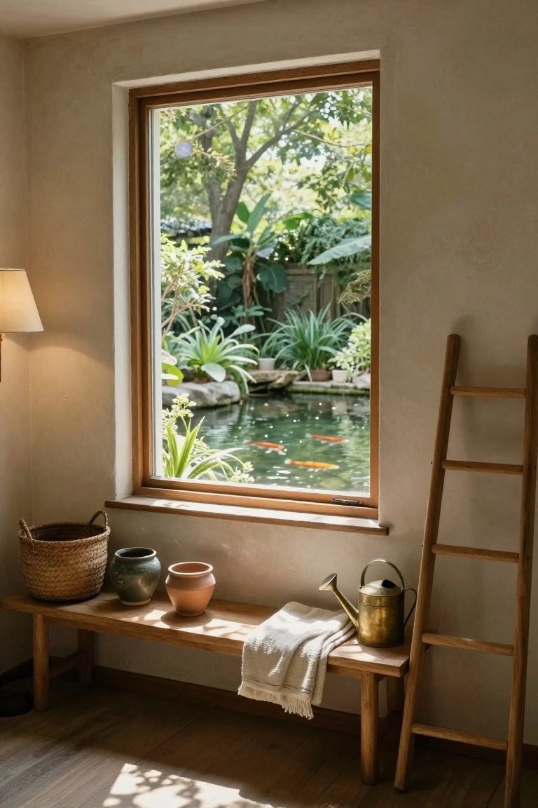 Interior view of a beige-walled room with a large wooden-framed picture window showing a lush garden, koi pond with orange fish, tropical plants, rocks, and a wooden ladder, bench with woven basket, ceramic pots, brass watering can, and folded towel.