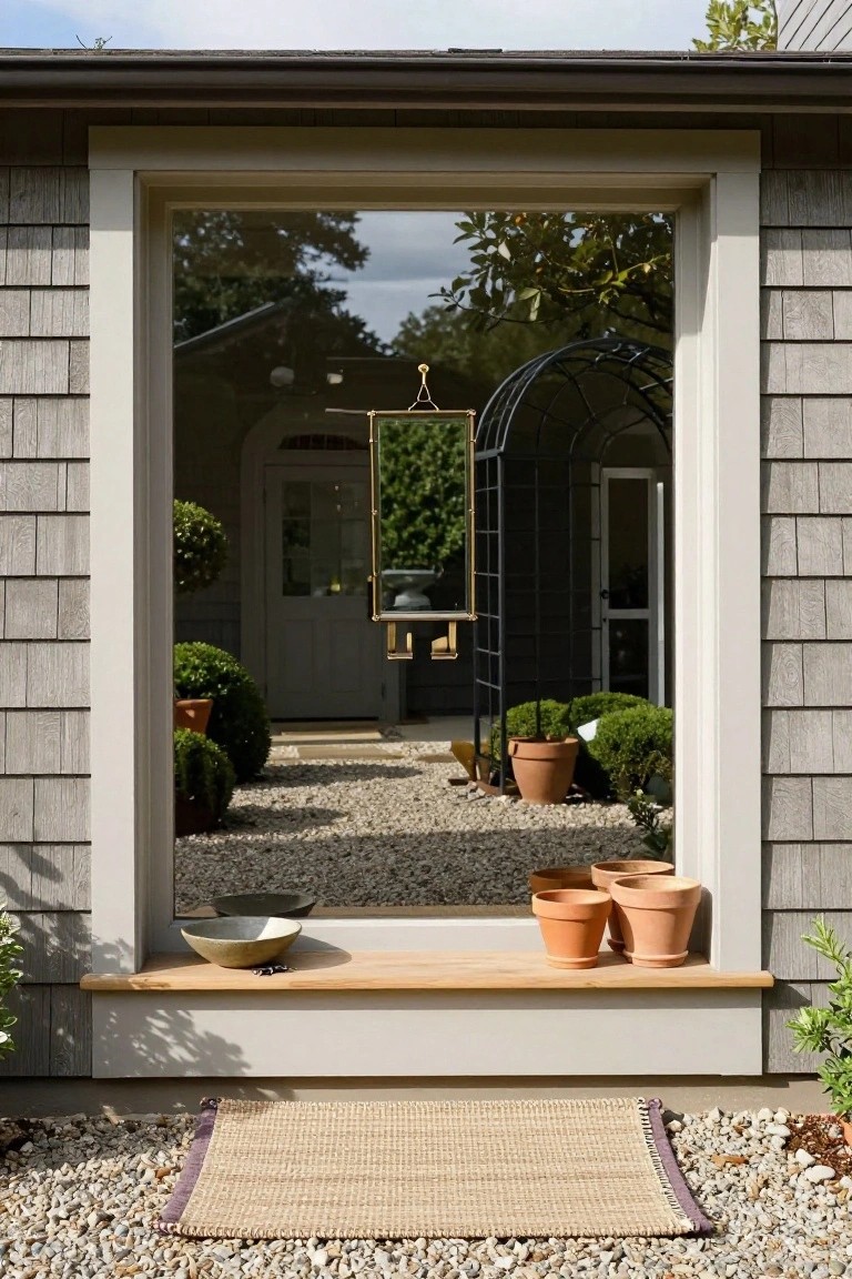 Large picture window in shingle siding frames gravel path with potted plants, boxwood shrubs, terracotta pots, and black metal archway leading to outbuilding.