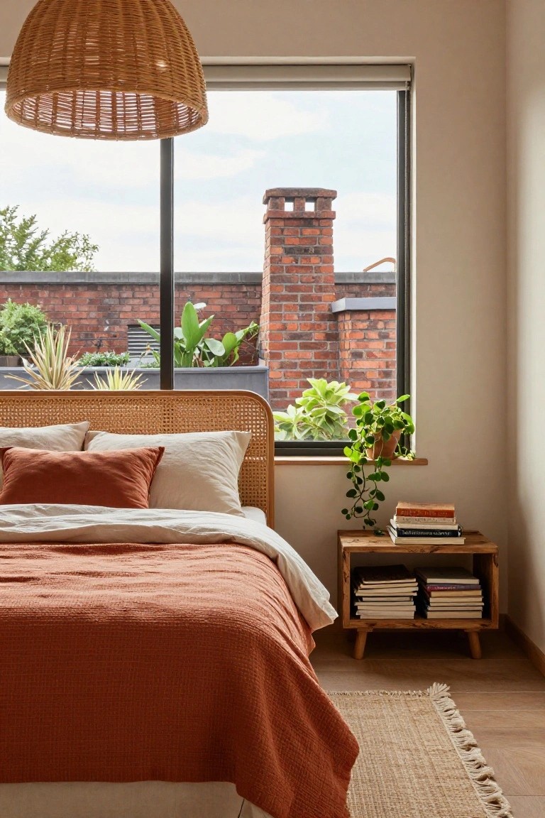 Bedroom interior featuring a rattan bed with terracotta quilt and white sheets, wooden nightstand stacked with books, potted plants on the windowsill, large black-framed picture window revealing brick walls, chimney, and outdoor plants, rattan pendant lamp overhead, beige walls and wooden floor with seagrass rug.